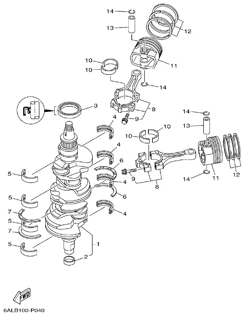 Yamaha F200CET, F225BET, FL200CET, FL225BET CRANKSHAFT & PISTON parts diagram